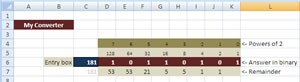 A completed binary conversion spreadsheet
