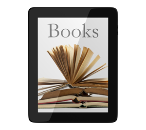 Digital tablet showing a pile of open books onscreen