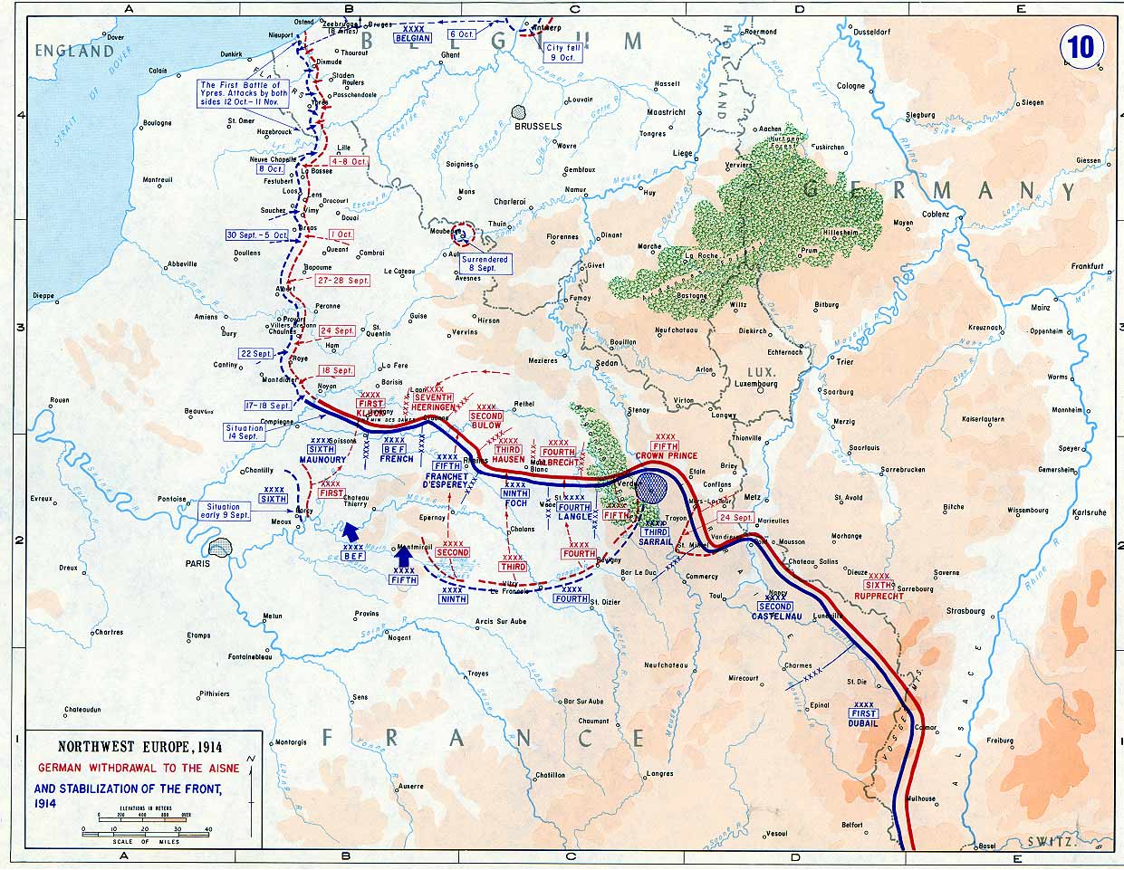 Detailed map of France and Belgium, showing the lines of trenches along the Western Front at the end of 1914.