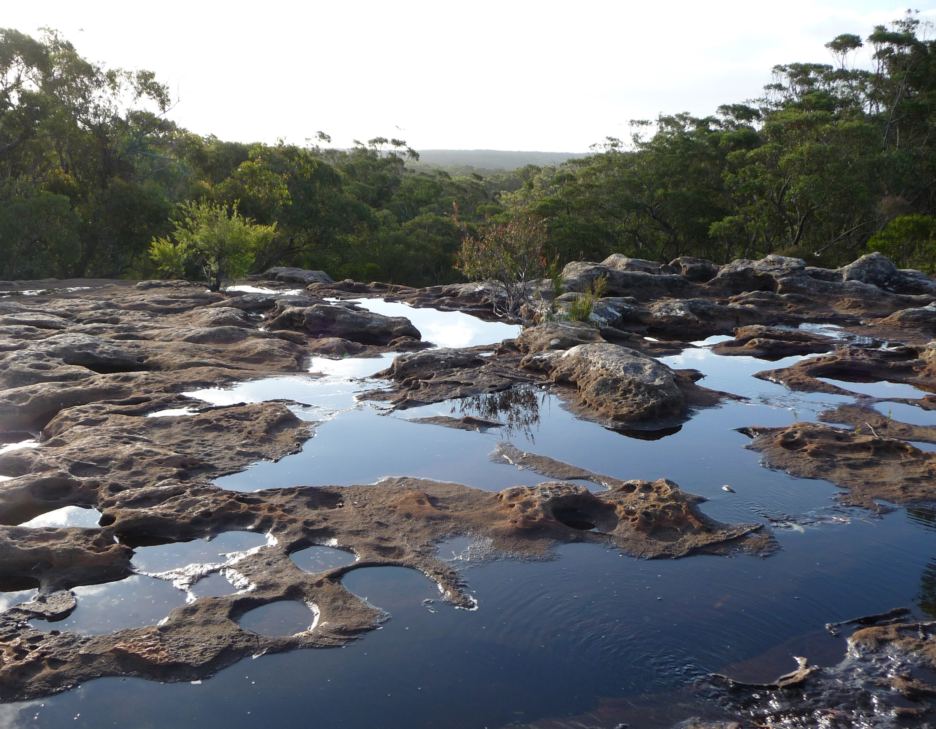 Rocky shallow water course in the foreground, overlooking a valley of dense forest. Rocky shallow water course in the foreground, overlooking a valley of dense forest.